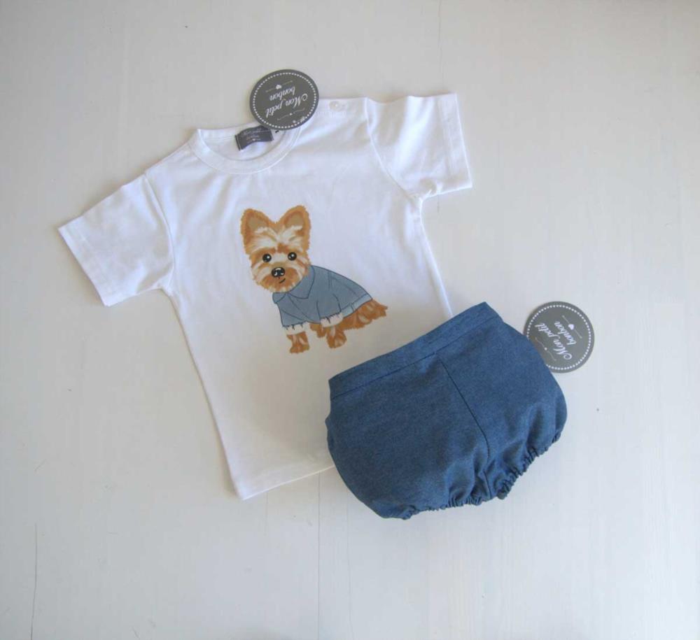 Conjunto Camiseta PERRITO YORKSHIRE niño + estricado tej denim MON PETIT BONBON, verano 2025